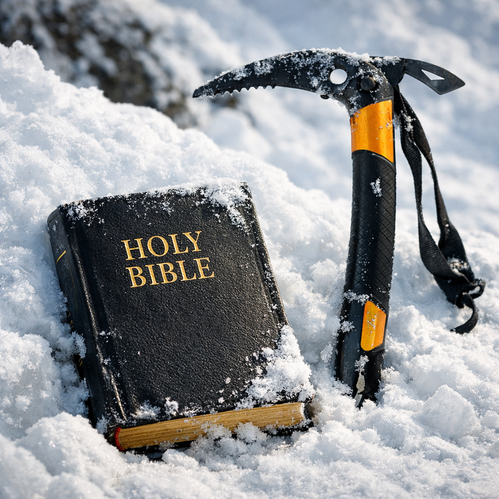Holy Bible and ice axe placed in snow