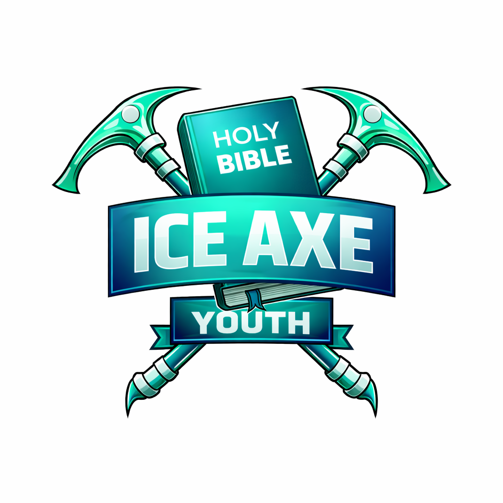 Crossed ice axes behind snowy mountain with text 'ICE AXE YOUTH'